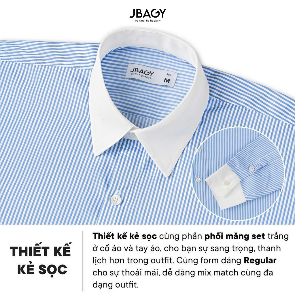 Áo sơ mi nam kẻ sọc xanh phối măng set cổ trắng chất liệu oxford cotton thoáng mát thanh lịch thương hiệu JBAGY - JS0705