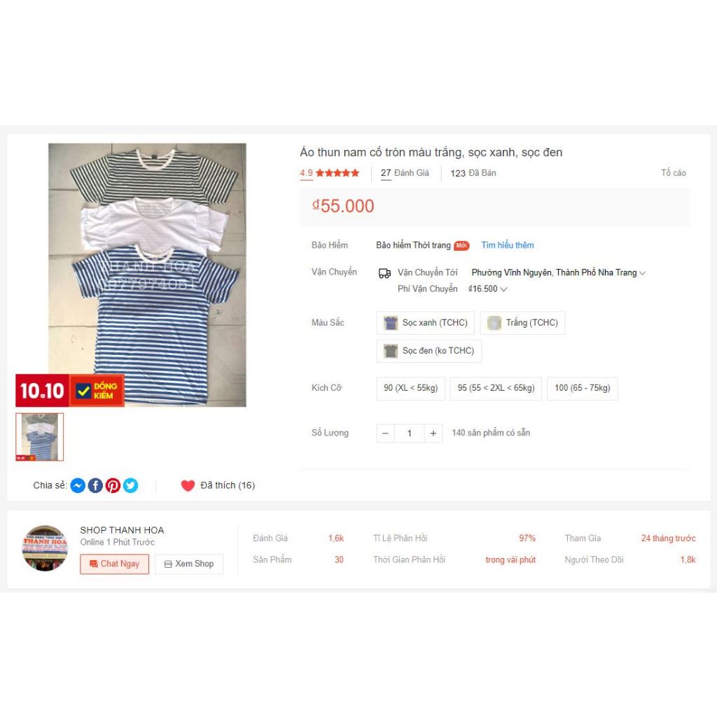 Áo thun nam cổ tròn màu trắng, sọc xanh, sọc đen