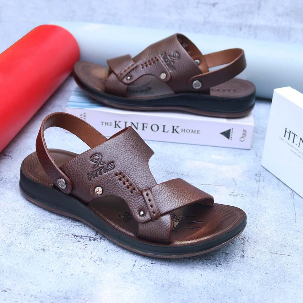 Dép quai hậu nam HT.NeO ,Sandal nam da bò đế kếp cao su tăng chiều cao êm mềm đi nước đi mưa thoải mái  thoáng mát HT854