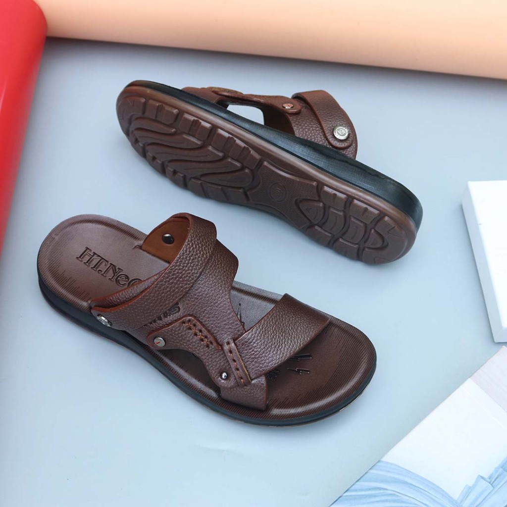 Dép quai hậu nam HT.NeO ,Sandal nam da bò đế kếp cao su tăng chiều cao êm mềm đi nước đi mưa thoải mái  thoáng mát HT854