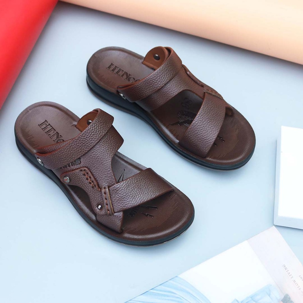 Dép quai hậu nam HT.NeO ,Sandal nam da bò đế kếp cao su tăng chiều cao êm mềm đi nước đi mưa thoải mái  thoáng mát HT854
