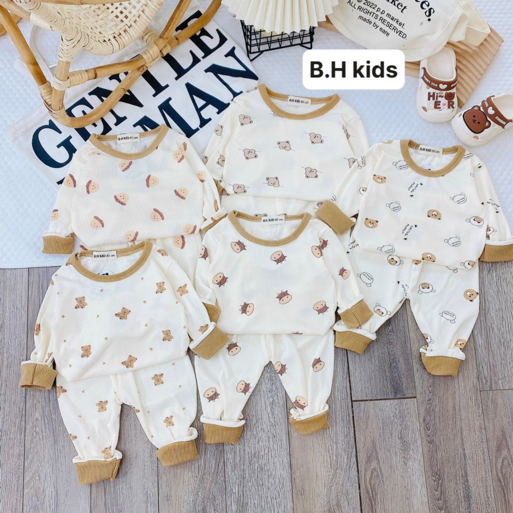 Bộ quần áo thu đông dài tay chất len tăm mềm cao cấp cho bé trai, bé gái từ 7-17kg