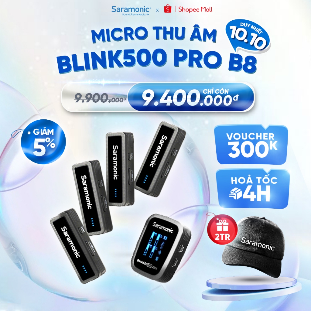 Bộ micro thu âm không dây Saramonic Blink500 Pro B8 - 4 Mic (4 TX) - Kết nối đa thiết bị - Bảo hành chính hãng 2 năm