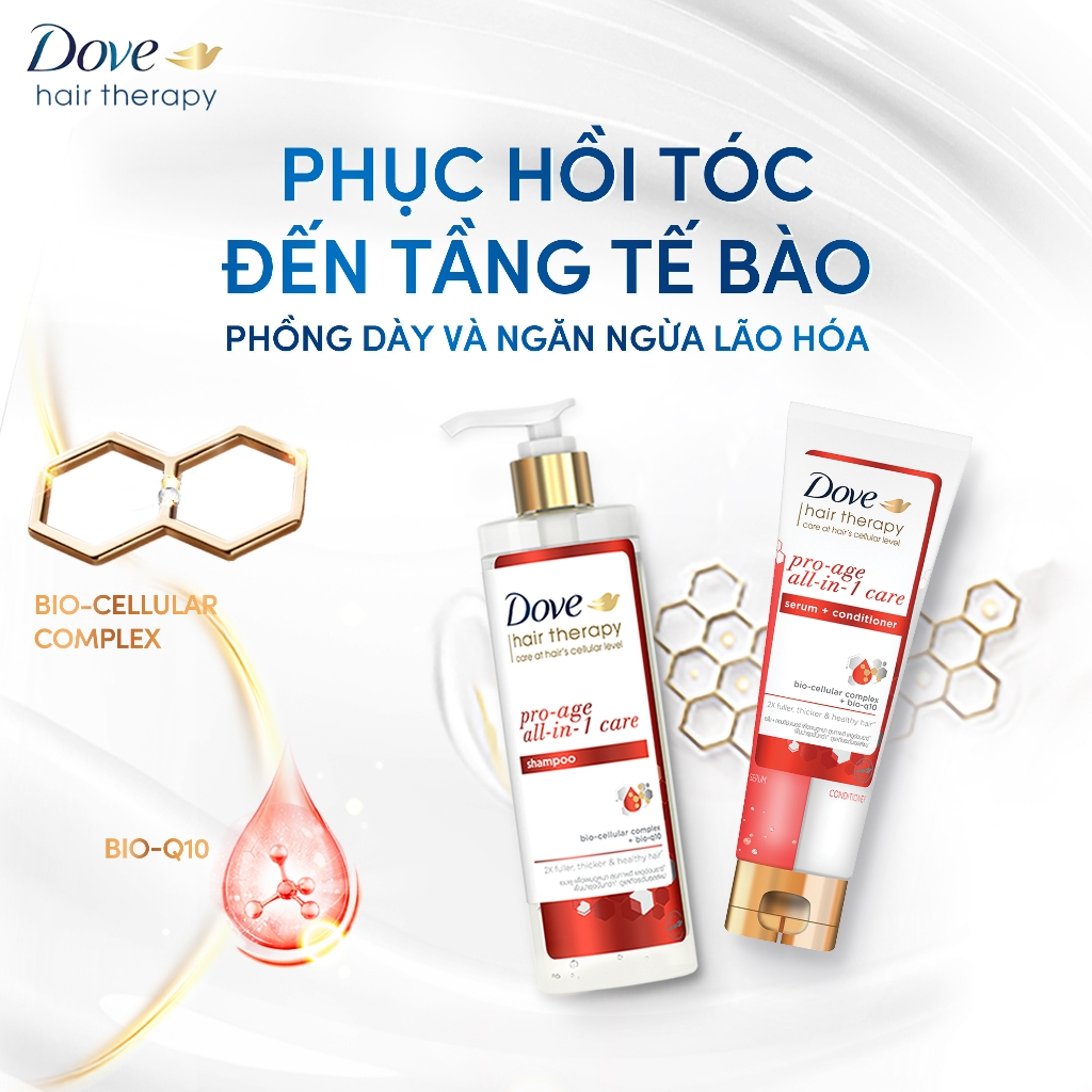 Combo Dầu gội và Kem Xả Serum 2 trong 1 Dove Hair Therapy Tóc phồng dày và Ngăn lão hóa 380ml, 230 ml