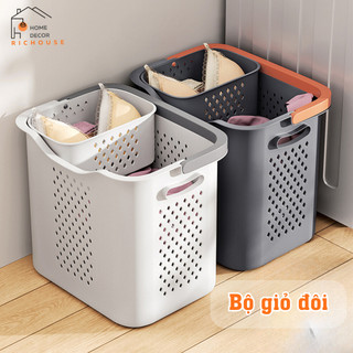 Giỏ đựng quần áo bẩn đa năng, bộ 2 giỏ kết hợp giỏ nhỏ đựng đồ lót, có quai xách nhựa PP cứng cáp