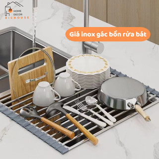 Giá inox gác bồn rửa chén đựng bát đĩa tiện lợi, Giá đựng hoa quả đa năng, hữu ích