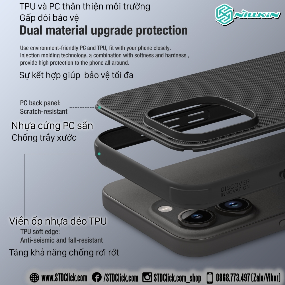 ỐP LƯNG IPHONE 15 PRO MAX - 15 PRO NILLKIN NHỰA CỨNG VIỀN DẺO - Super Frosted Shield Pro - CHÍNH HÃNG