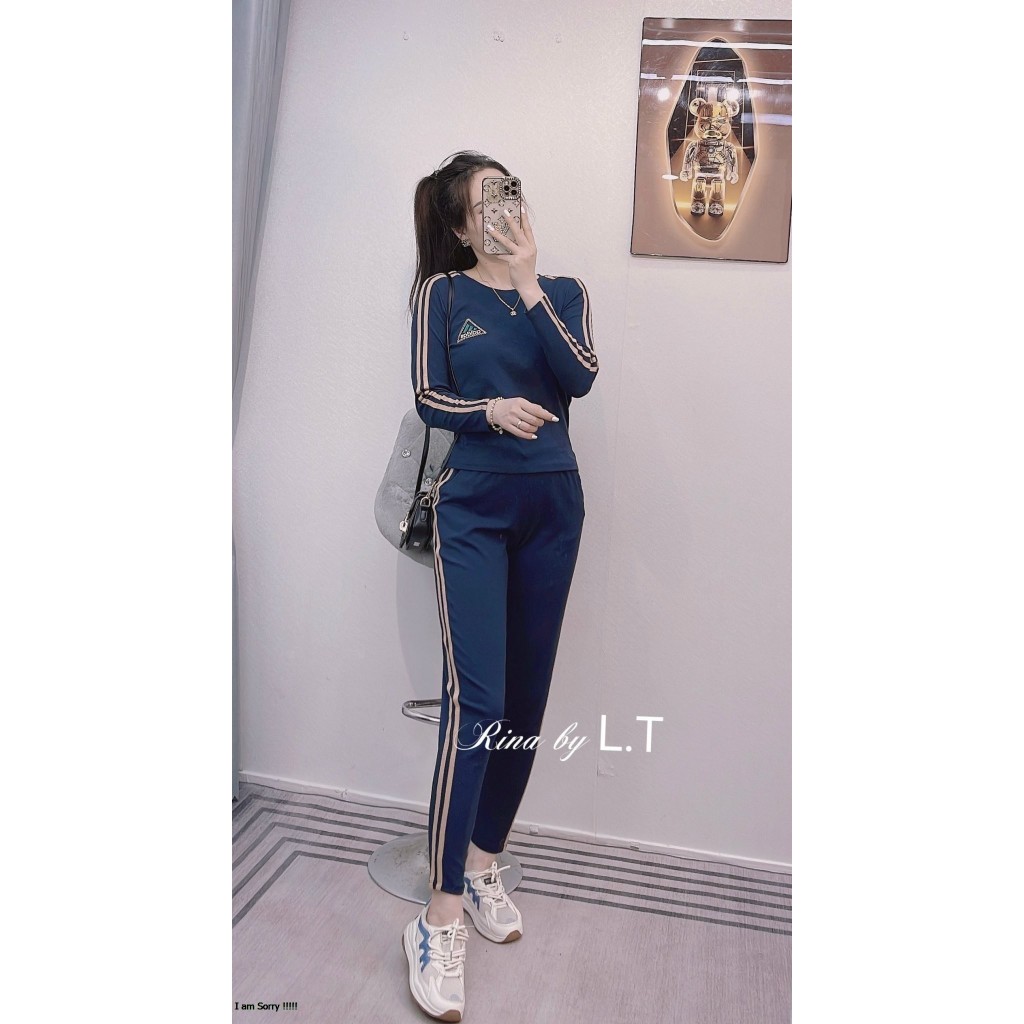 Đồ bộ nữ RINA chất cotton zip co giãn 4 chiều, quần dài tay dài thêu ngực