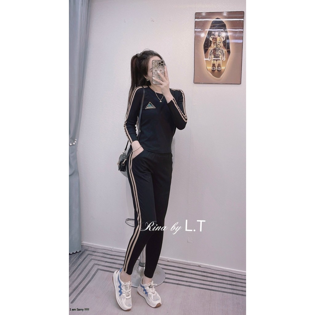 Đồ bộ nữ RINA chất cotton zip co giãn 4 chiều, quần dài tay dài thêu ngực