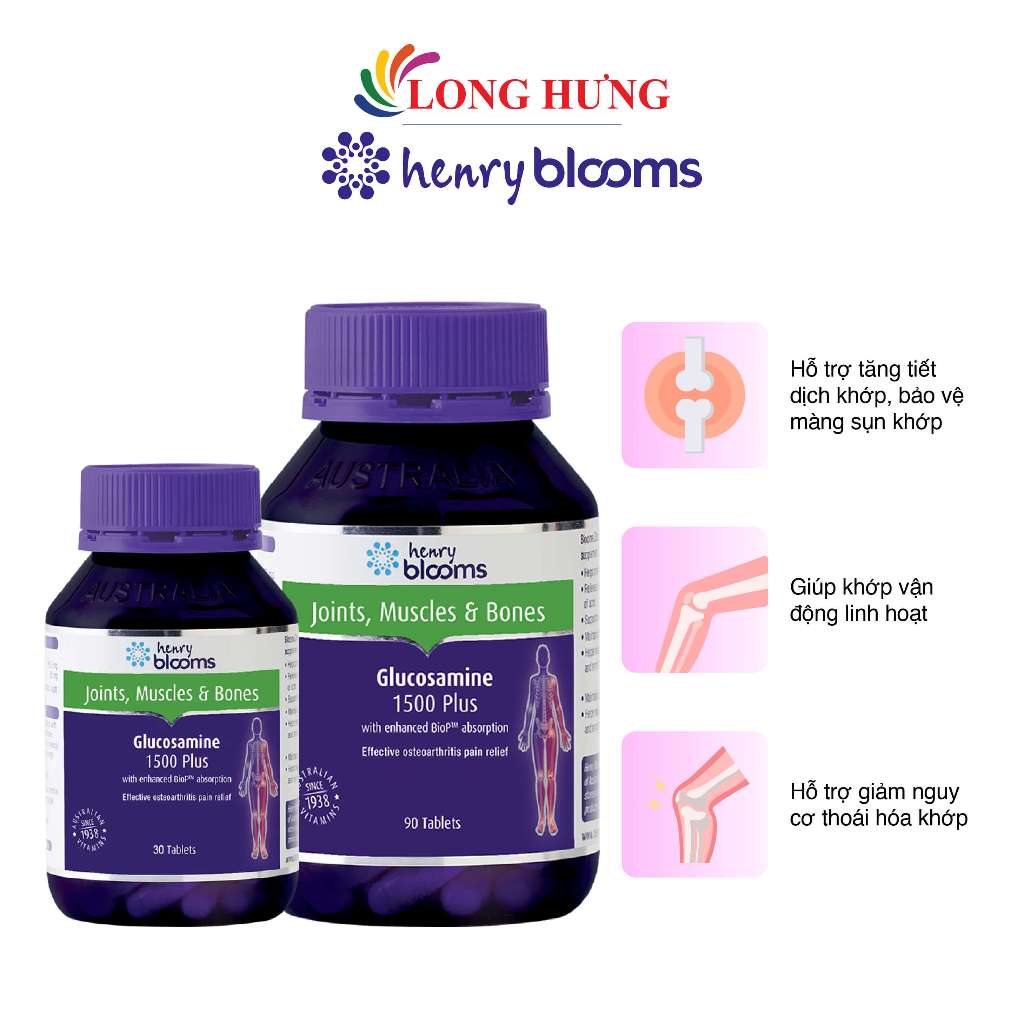 Viên uống Henry Blooms Glucosamine 1500 Plus hỗ trợ chắc khỏe hệ xương khớp (30 viên/90 viên/180 viên)