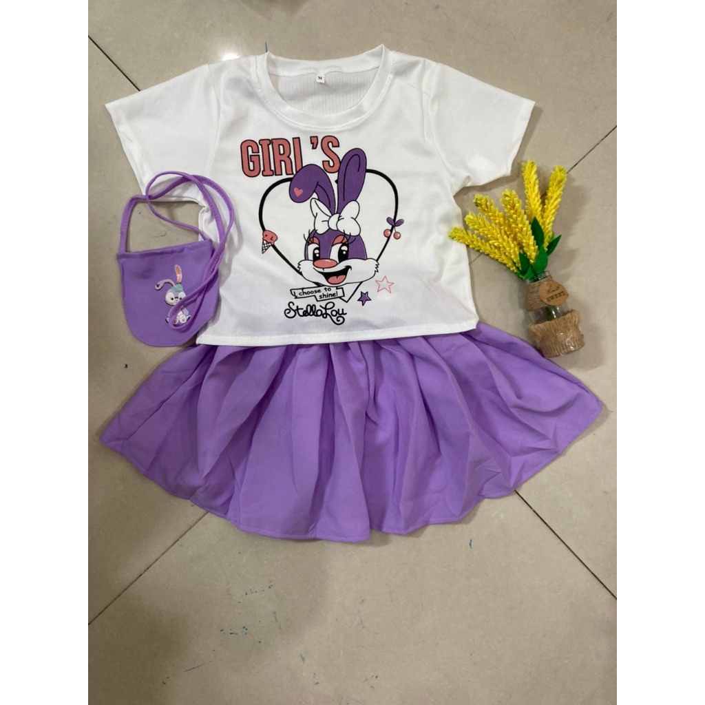Set áo vải gân tăm in hình + Váy  vải Cotton lạnh kèm túi đeo cho bé gái mặc đi học, đi chơi