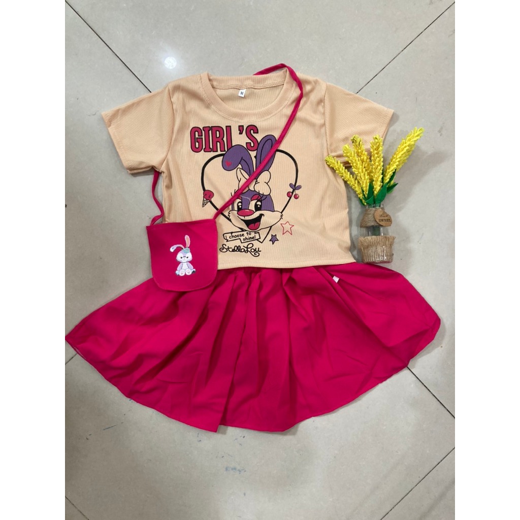 Set áo vải gân tăm in hình + Váy  vải Cotton lạnh kèm túi đeo cho bé gái mặc đi học, đi chơi