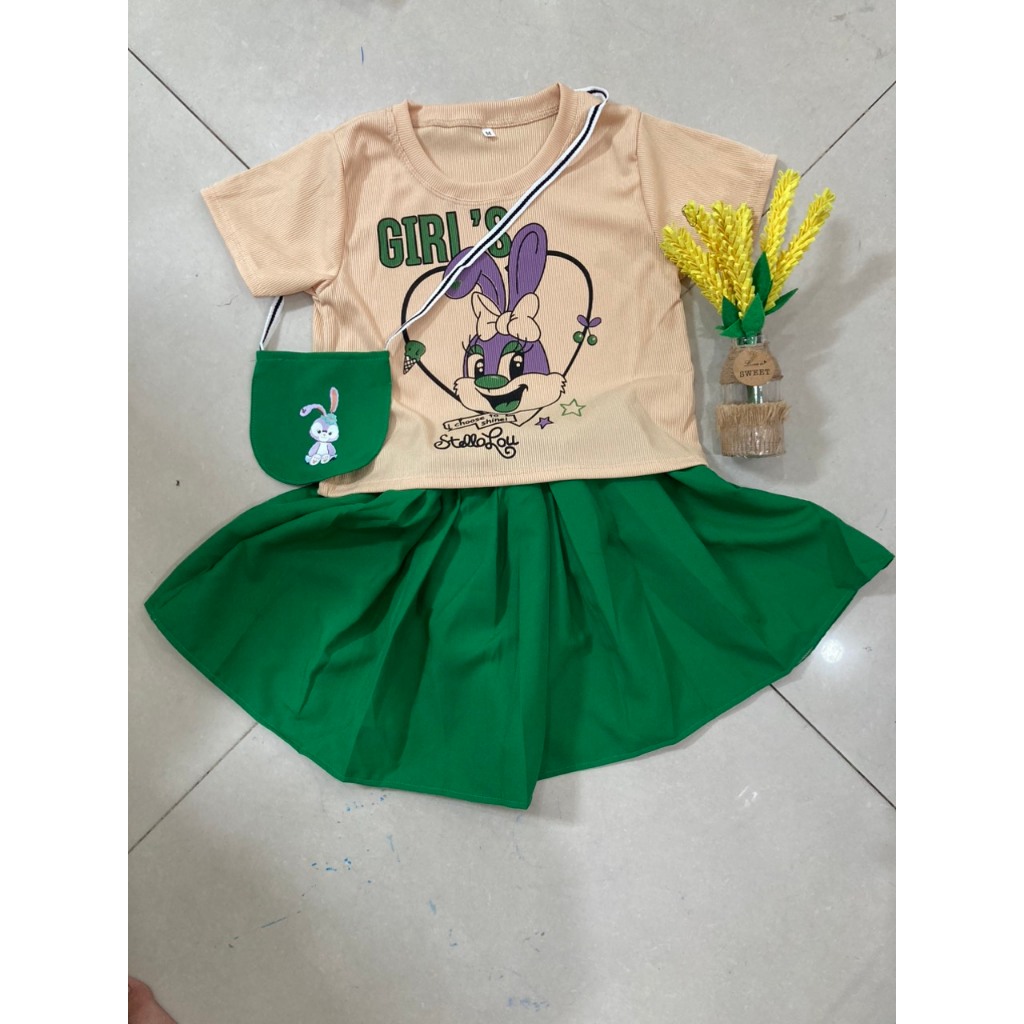 Set áo vải gân tăm in hình + Váy  vải Cotton lạnh kèm túi đeo cho bé gái mặc đi học, đi chơi