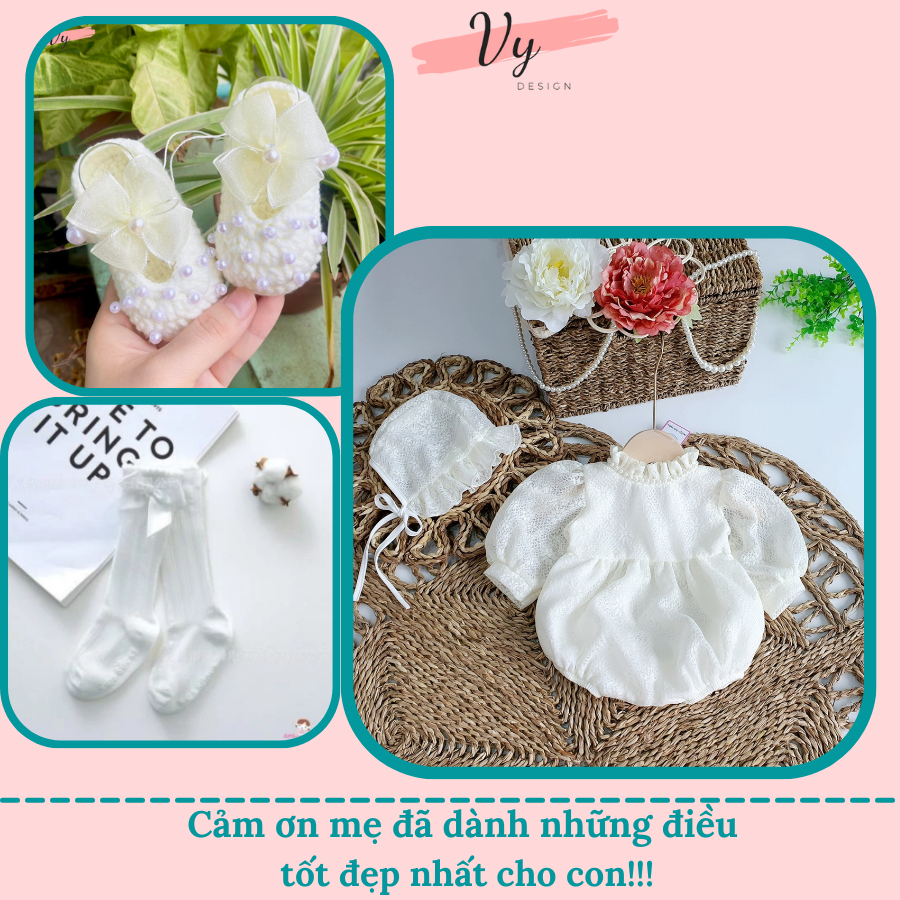 Set Body Bé Gái Kèm Giầy Công Chúa Và Tất Mũ, Body Đầy Tháng Thiết Kế, Chất Mềm, Body Xinh Cho Bé, Đầm Đầy Tháng