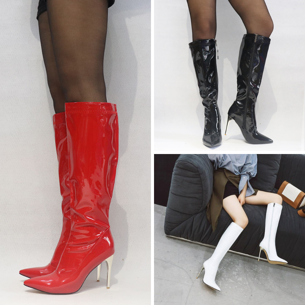 Giày boot nữ ống cao dưới gối DA BÓNG đủ 3 màu ĐEN/ TRẮNG/ ĐỎ mũi nhọn, gót nhọn 10cm SANG CHẢNH GCC27
