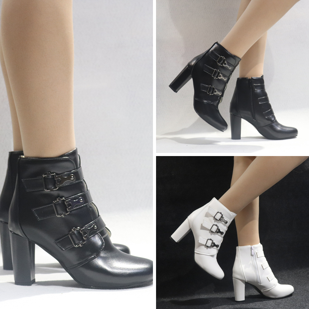 [ Video+ ảnh thật ] Giày boot nữ cổ ngắn GÓT VUÔNG 8cm thiết kế  3 khuy cài CÁ TÍNH 2 màu đen, trắng