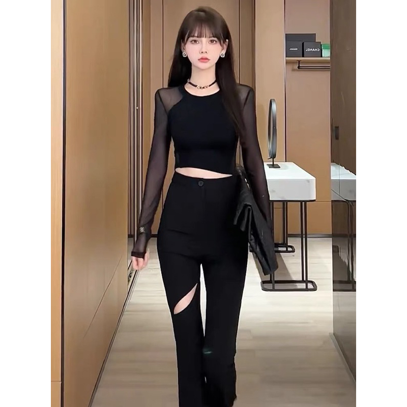 Áo kiểu thun lưới tay dài cổ tròn cao croptop cho nữ