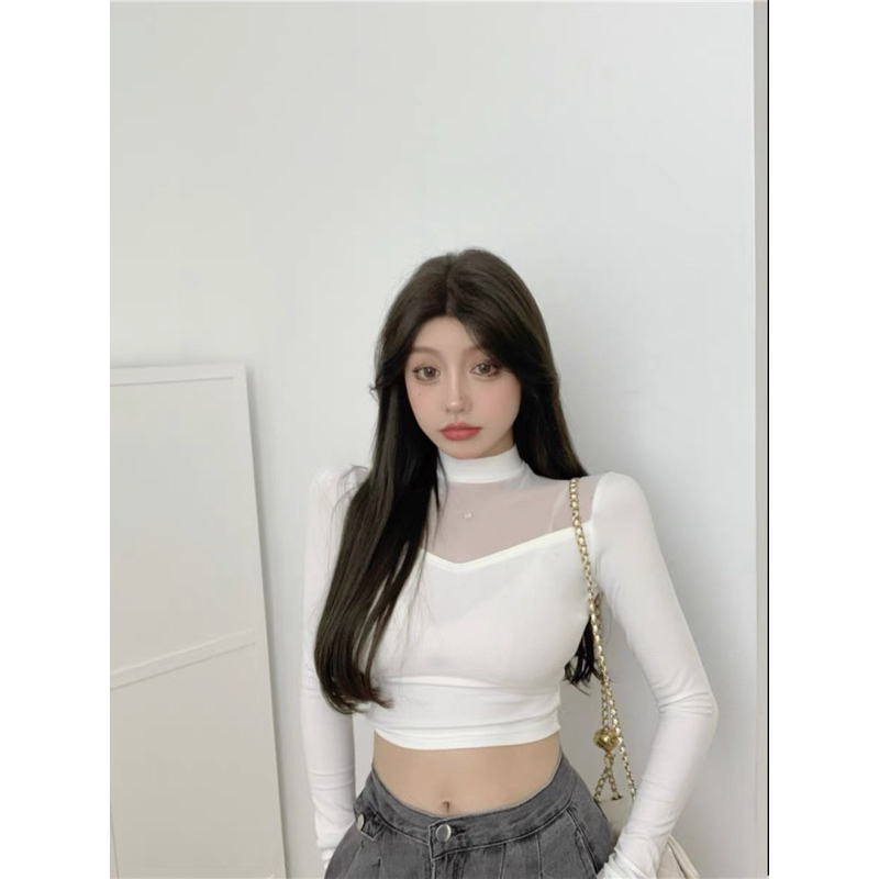 Áo kiểu thun cổ cao tay dài phối lưới cho nữ croptop