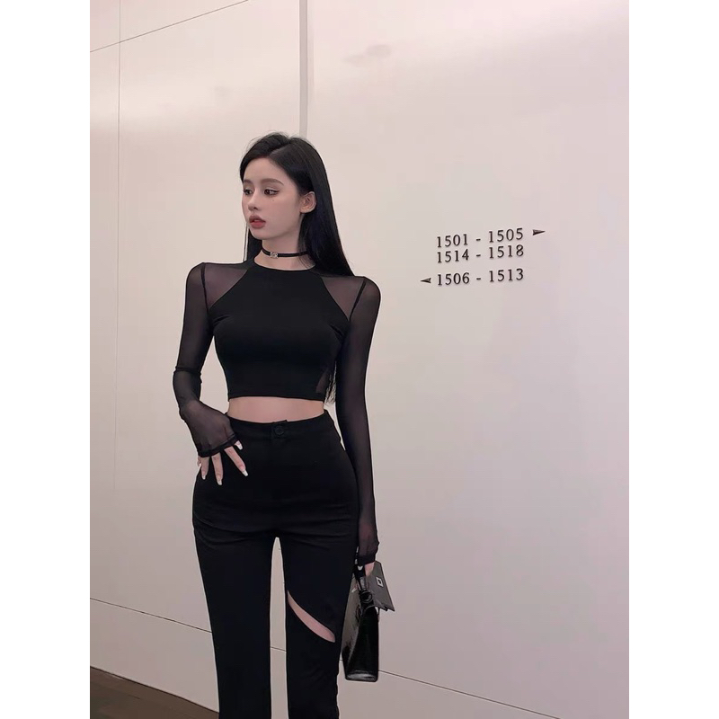 Áo kiểu thun lưới tay dài cổ tròn cao croptop cho nữ