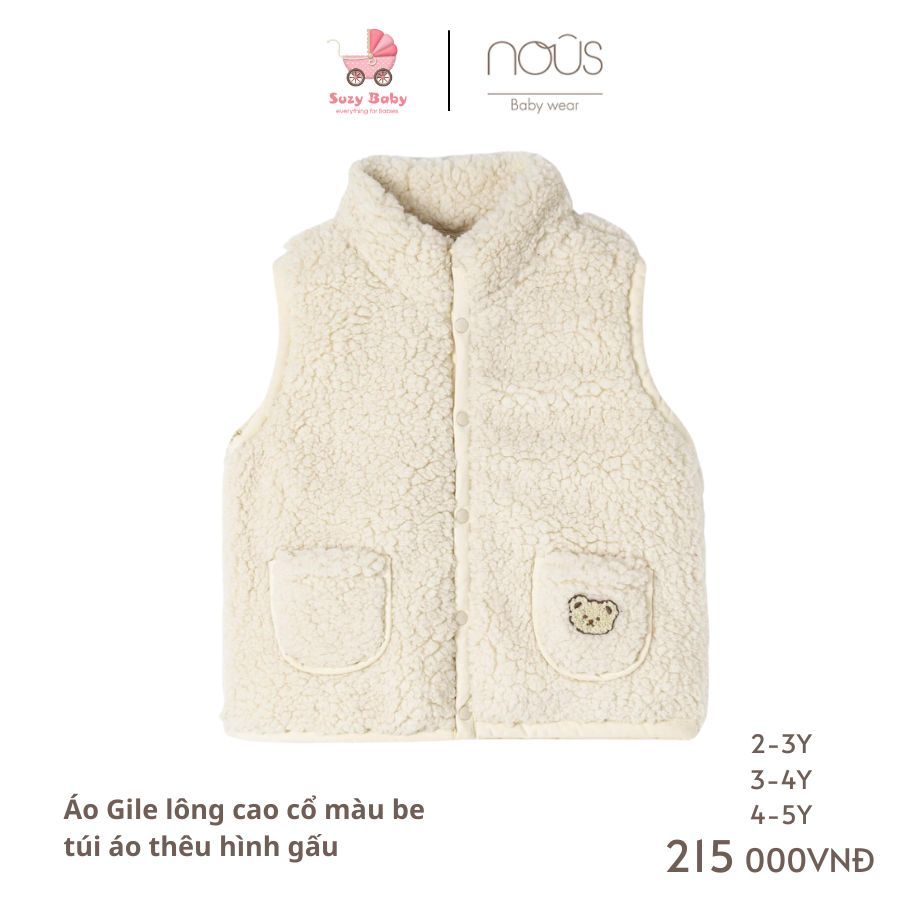 Nous Áo Gile lông cao cổ màu be túi áo thêu hình gấu 2Y 3Y 4Y
