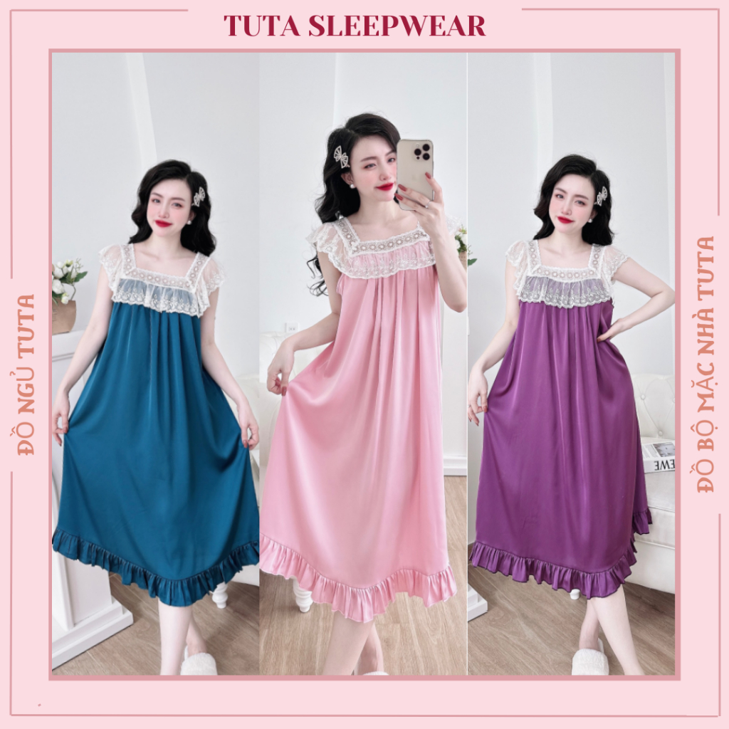 Váy ngủ sexy TUTA đồ ngủ gợi cảm đầm mặc nhà bigsize suông rộng chất lụa cao cấp