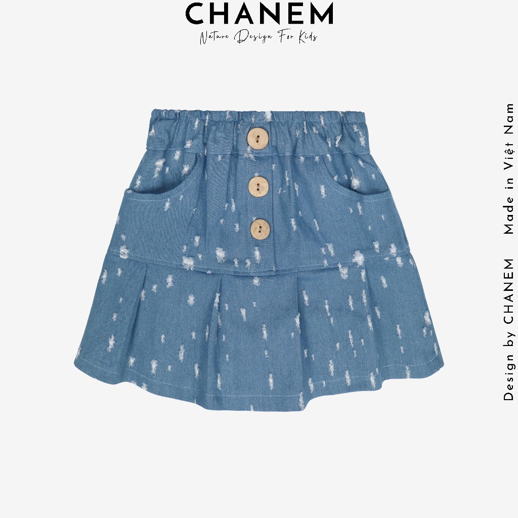 Chân váy cho bé gái CHANEM LITA phối cúc gỗ dừa cá tính  cạp bèo chun, vải bò cao cấp mềm mại