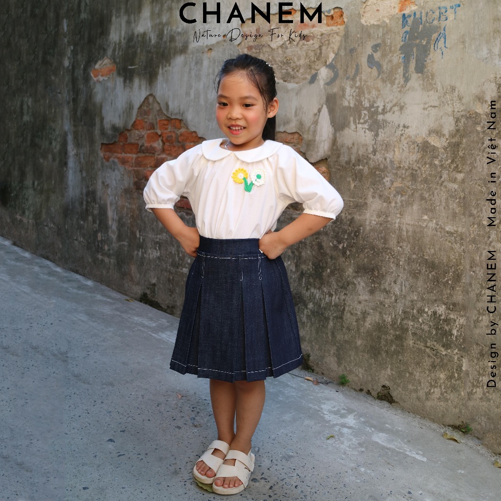 Chân váy cho bé gái xếp ly phối chỉ trang trí chất vải Jean MIA CHANEM, lưng thun co giãn cho bé từ 1 - 10 tuổi