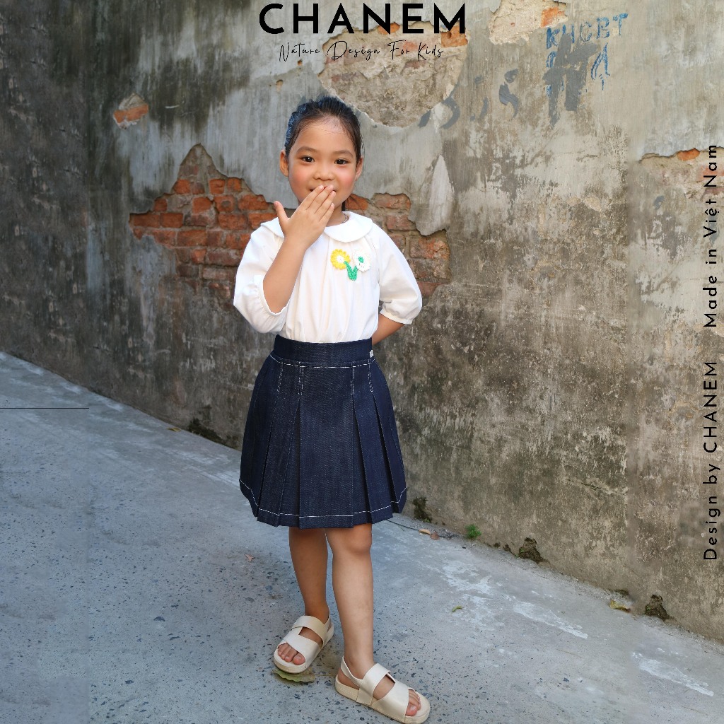 Chân váy cho bé gái xếp ly phối chỉ trang trí chất vải Jean MIA CHANEM, lưng thun co giãn cho bé từ 1 - 10 tuổi