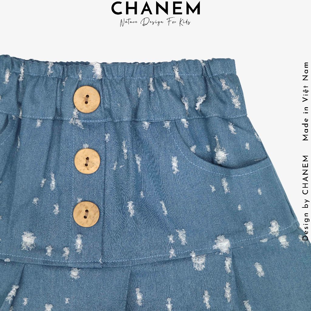 Chân váy cho bé gái CHANEM LITA phối cúc gỗ dừa cá tính  cạp bèo chun, vải bò cao cấp mềm mại