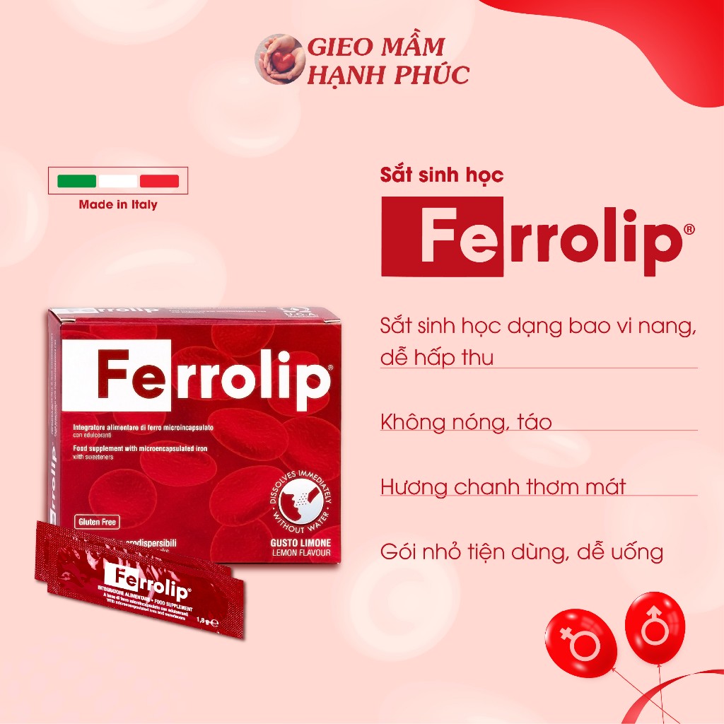 Sắt sinh học Ferrolip Liposome cho bà bầu và người thiếu máu - Tan ngay trong miệng, Không tanh, Không táo (Hộp 20 gói)