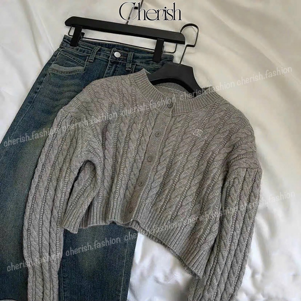 Áo Khoác Len Nữ Croptop CHERISH thêu logo, Cardigan Len Dáng Ngắn Tay Dài Cổ Tròn Kèm Logo CD10