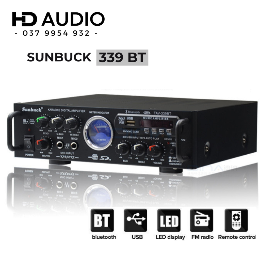 Amply Bluetooth Mini Sunbuck 339BT, Amli Karaoke Nghe Nhạc 12V/220V Dùng Cho Gia Đình Và Trên Xe Oto, Ampli 12V Cao Cấp