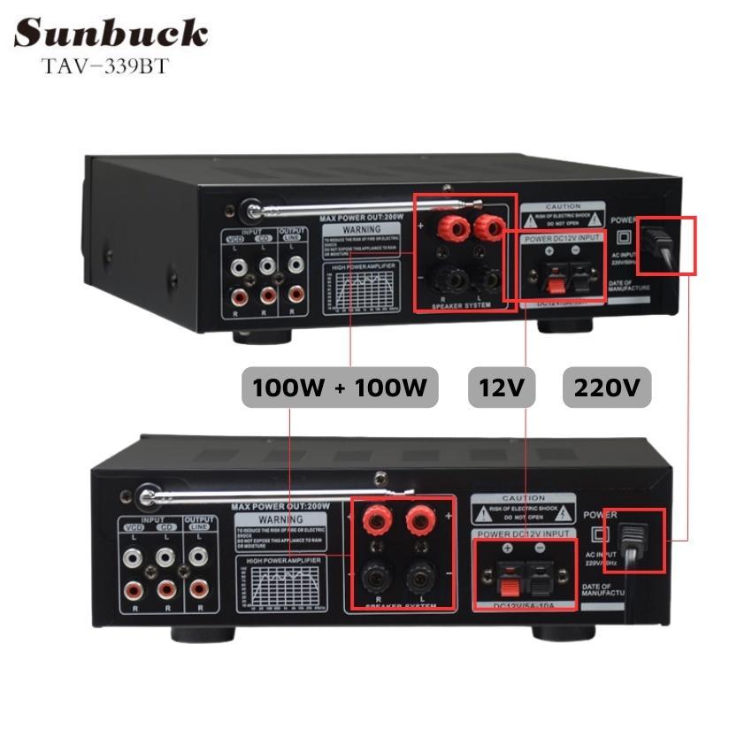 Amply Bluetooth Mini Sunbuck 339BT, Amli Karaoke Nghe Nhạc 12V/220V Dùng Cho Gia Đình Và Trên Xe Oto, Ampli 12V Cao Cấp