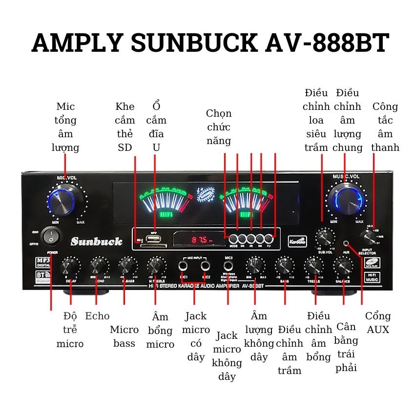 Âm Ly Bluetooth Karaoke Gia Đình 700W Sunbuck AV-888BT, Âm Thanh Cực Chất, Đánh Nhạc Siêu Hay, Kết Nối Được Sub Hơi