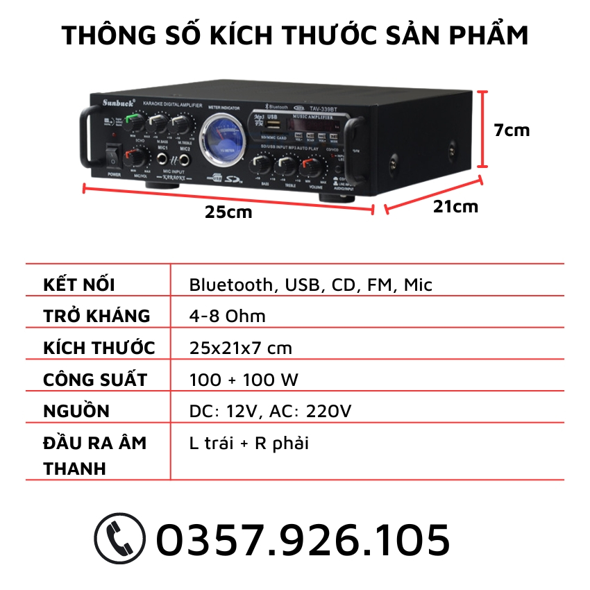 Amply Bluetooth Mini Sunbuck 339BT, Amli Karaoke Nghe Nhạc 12V/220V Dùng Cho Gia Đình Và Trên Xe Oto, Ampli 12V Cao Cấp