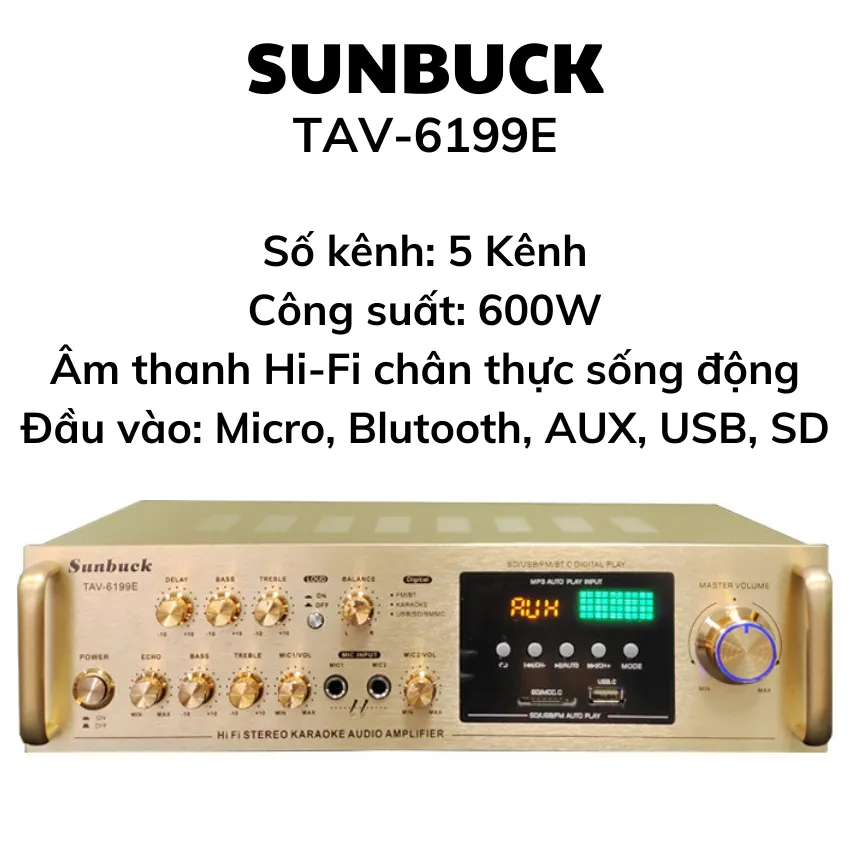 Âm ly Karaoke Bluetooth SUNBUCK 6199E, Amply Sunbuck 6199 5 Kênh Nghe Nhạc Công Suất Lớn, Có Điều Khiển Từ Xa, FM