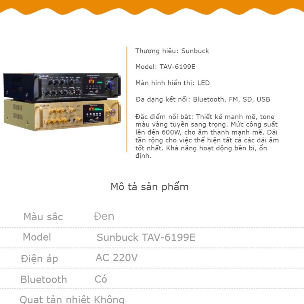 Âm ly Karaoke Bluetooth SUNBUCK 6199E, Amply Sunbuck 6199 5 Kênh Nghe Nhạc Công Suất Lớn, Có Điều Khiển Từ Xa, FM
