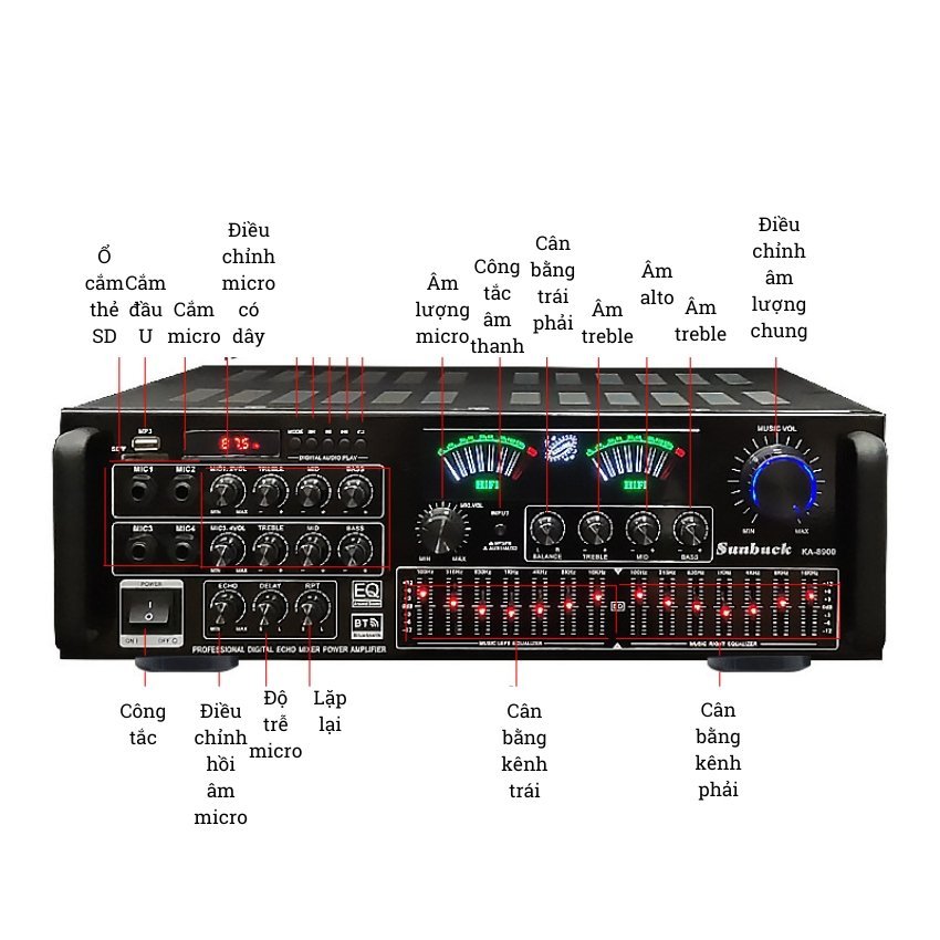 Amply Karaoke Bluetooth Công Suất Lớn 1000W Sunbuck KA-8900, Âm Thanh Siêu Đỉnh, 8 Sò Toshiba Nhập Khẩu Nhật Bản