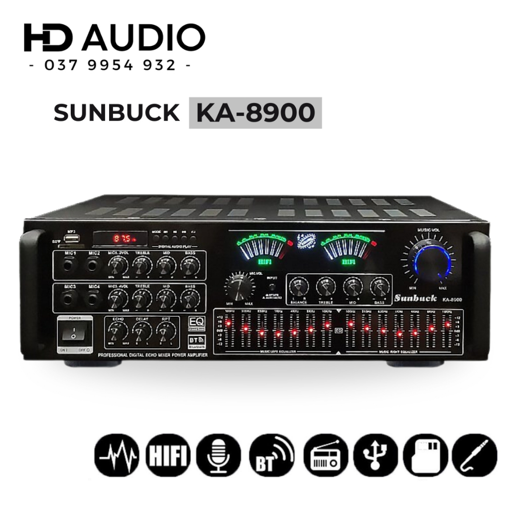 Amply Karaoke Bluetooth Công Suất Lớn 1000W Sunbuck KA-8900, Âm Thanh Siêu Đỉnh, 8 Sò Toshiba Nhập Khẩu Nhật Bản