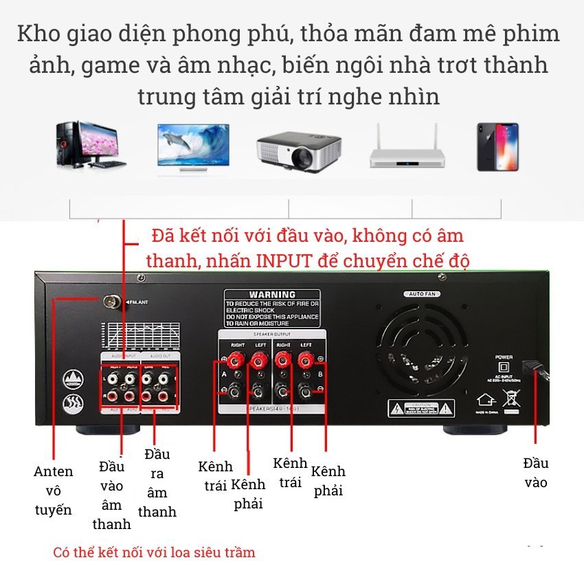 Amply Karaoke Bluetooth Công Suất Lớn 1000W Sunbuck KA-8900, Âm Thanh Siêu Đỉnh, 8 Sò Toshiba Nhập Khẩu Nhật Bản