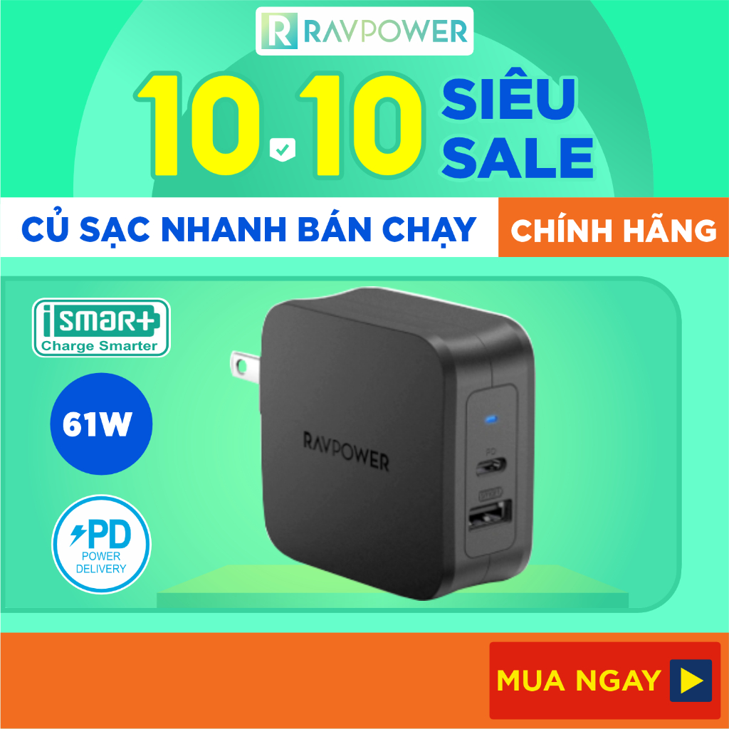 Adapter Củ Sạc RAVPower RP-PC105 61W USB Type C PD 3.0, Chân AC Gập - Hàng Chính Hãng