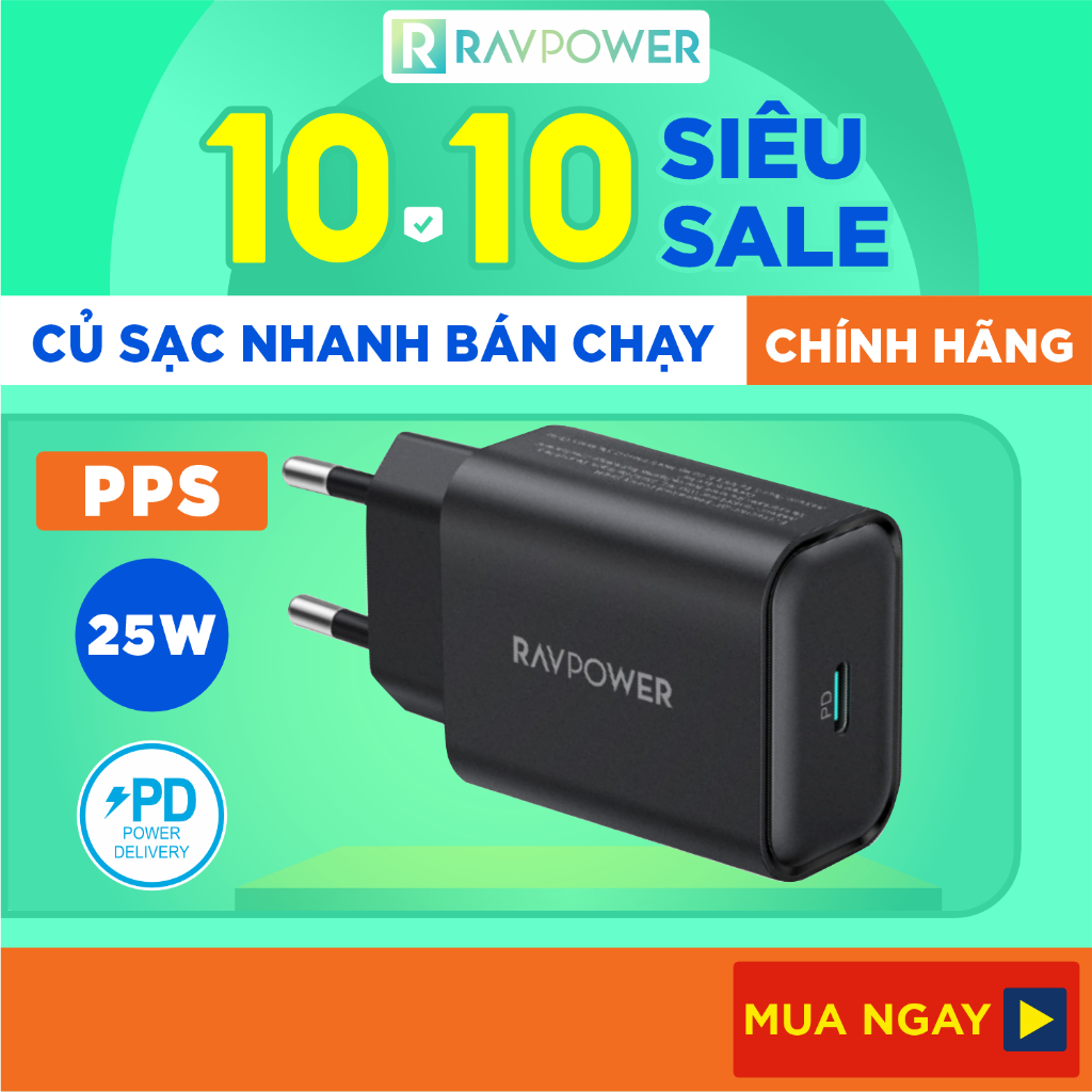 Adapter Củ Sạc Nhanh Samsung, iPhone, iPad Đến 25W Type C PD 3.0 & QC 3.0 RAVPower RP-PC156 - Hàng Chính Hãng