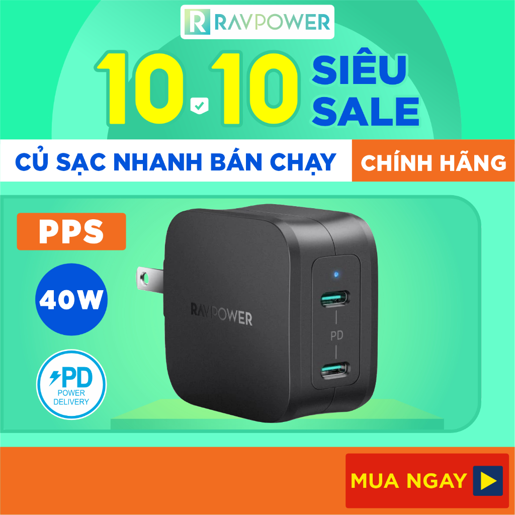 Adapter Củ Sạc 40W 2 Cổng Type C PD 3.0 & QC 3.0 Nhỏ Gọn RAVPower RP-PC152 - Hàng Chính Hãng