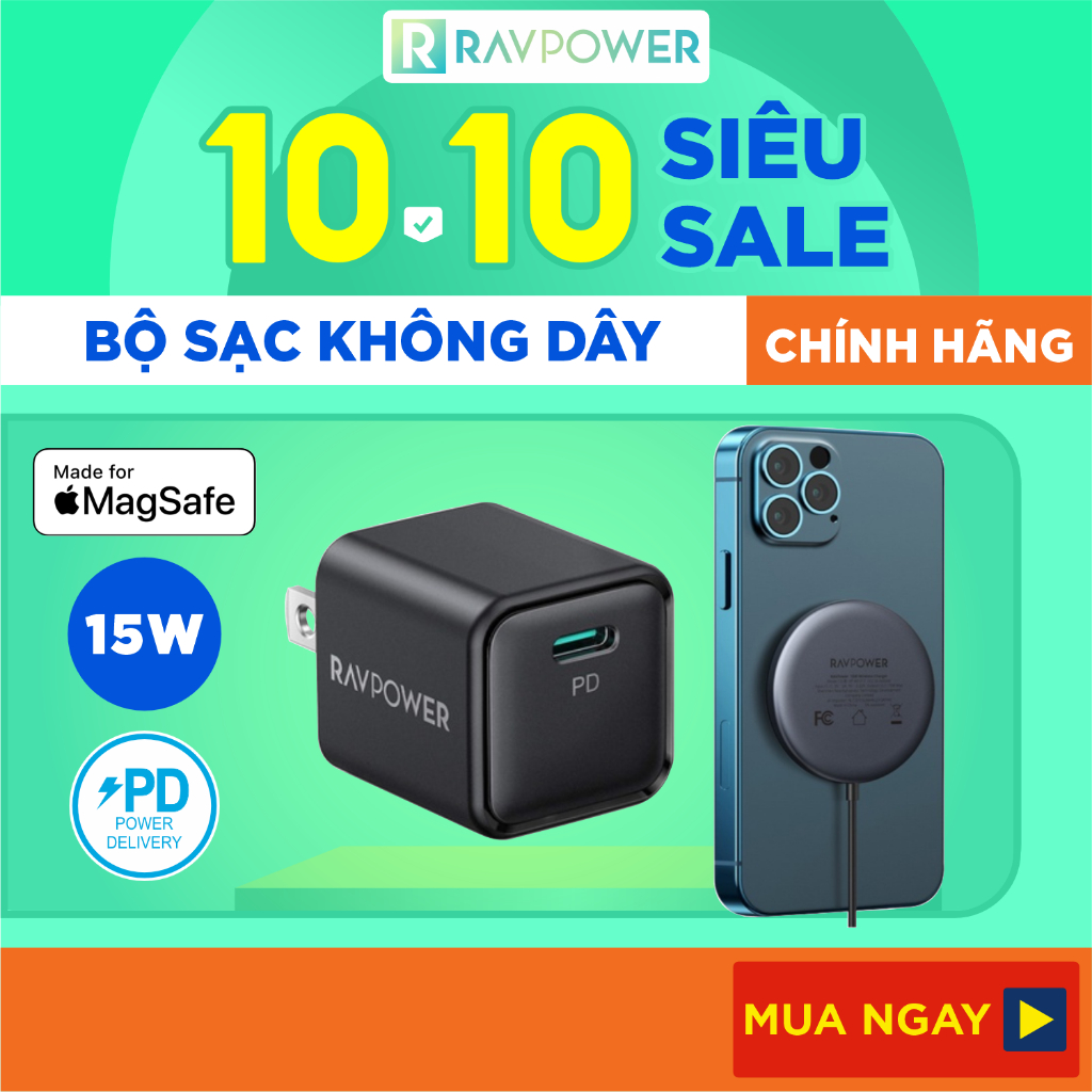 Bộ Đế Sạc Không Dây Magsafe Nam Châm 15W RAVPower RP-WC012 Kèm Củ Sạc Type C 20W Cho iPhone, iPhone 12, iPhone 13