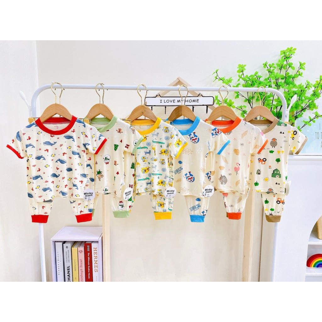 Bộ Tay ngắn, Quần dài Thun Lạnh MINKY MOM In họa tiết Hình Động Vật Dễ Thương Cho Bé