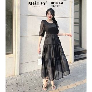 Đầm đi chơi Nhật Vy cổ tròn thắt nơ lưng phối tầng maxi dáng xoè chất voan phù hợp công sở dạo phố - D2540