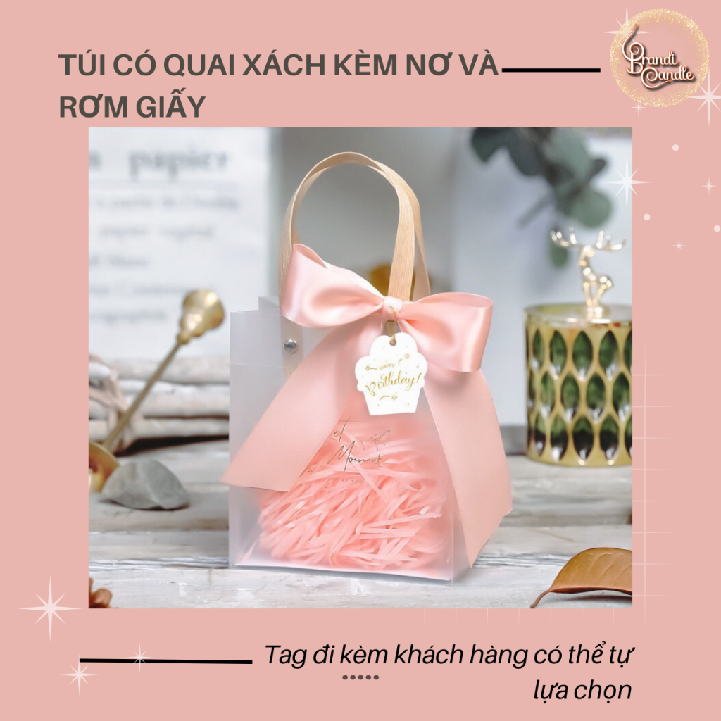 Túi đựng quà bóng kính kèm nơ và rơm giấy màu hồng