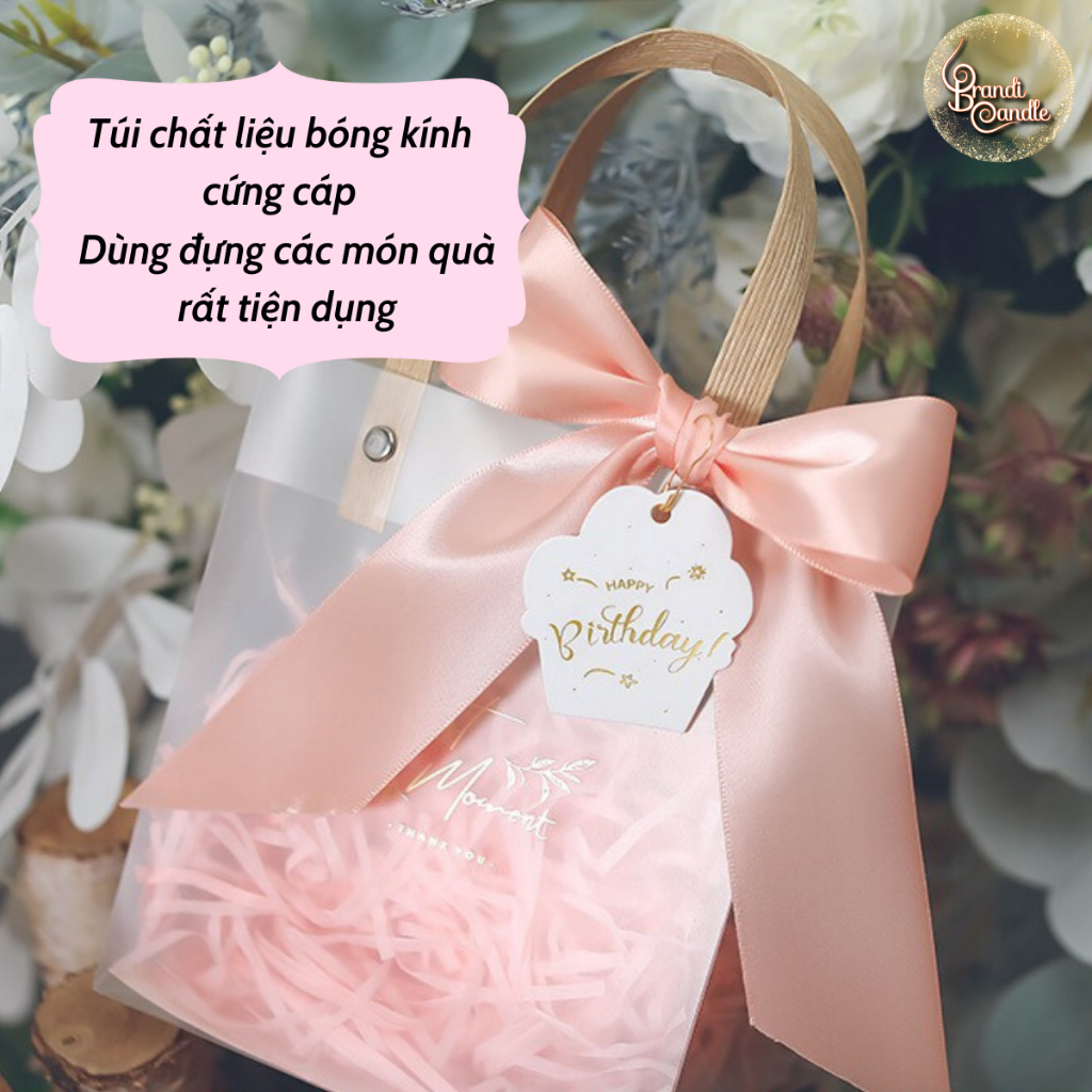 Túi đựng quà bóng kính kèm nơ và rơm giấy màu hồng