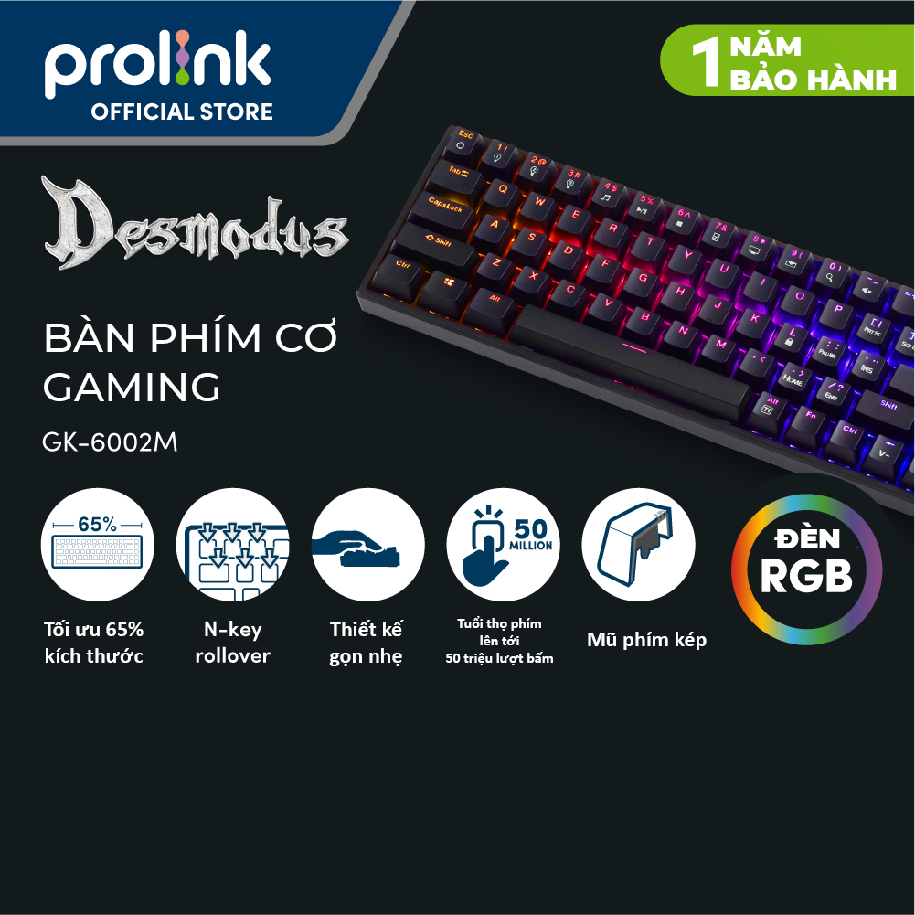 Bàn phím cơ PROLiNK GK6002M , LED RGB 16 triệu màu, Full N-Key Rollover, Anti Ghosting cho tuyển thủ Esport