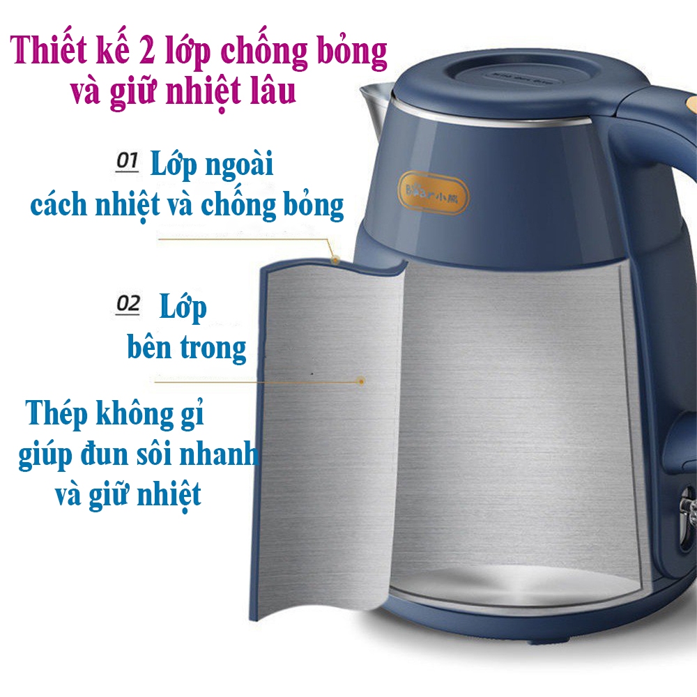 Ấm Siêu Tốc Bear ZDH-Q15H2 Chống Bỏng Dung Tích 1.5L Công Suất 1500W Bảo Hành 12 Tháng